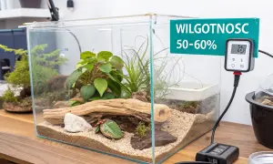 Szklane terrarium z roślinnością i drewnem, idealne dla **węża zbożowego dorosłego**. Termometr wskazuje wilgotność 50-60%.