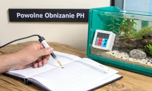 Ręka trzymająca strzykawkę nad otwartym notatnikiem, obok akwarium z zielonymi roślinami i cyfrowym wyświetlaczem. To pokazuje, jak obniżyć pH wody w akwarium.