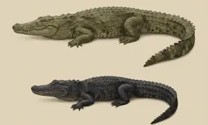 Ilustracja przedstawia dwa rodzaje krokodyli: zielonego, większego i ciemnego, mniejszego.