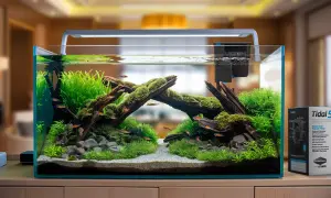 Piękne akwarium roślinne z małymi rybkami, idealne do obserwacji cyklu azotowego. Obok pudełko filtra Tidal 55.