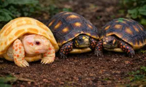 Trzy żółwie: jeden albinos o żółtej skorupie i pomarańczowych plamkach, dwa inne z czarno-żółtymi skorupami i czerwonymi akcentami na nogach. Różne gatunki żółwi.