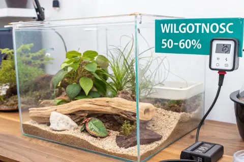 Szklane terrarium z roślinnością i drewnem, idealne dla **węża zbożowego dorosłego**. Termometr wskazuje wilgotność 50-60%.