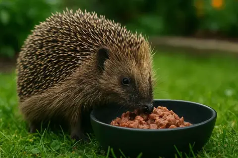 Jeż zajada mokrą karmę z miseczki. Dowiedz się, czym karmić jeża, aby był zdrowy i szczęśliwy.