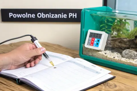 Ręka trzymająca strzykawkę nad otwartym notatnikiem, obok akwarium z zielonymi roślinami i cyfrowym wyświetlaczem. To pokazuje, jak obniżyć pH wody w akwarium.
