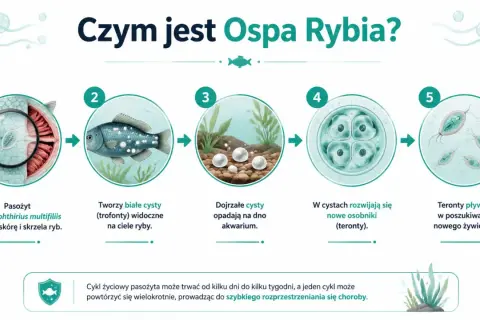 Cykl rozwojowy pasożyta powodującego ospę u ryb akwariowych: od ataku na skórę, przez tworzenie cyst, po uwolnienie nowych terontów szukających żywiciela.