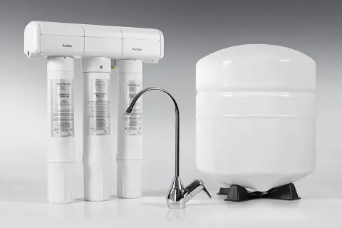 System odwróconej osmozy z filtrami, kranikiem i zbiornikiem.