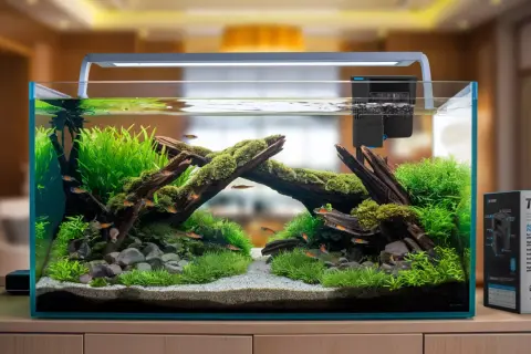 Piękne akwarium roślinne z małymi rybkami, idealne do obserwacji cyklu azotowego. Obok pudełko filtra Tidal 55.