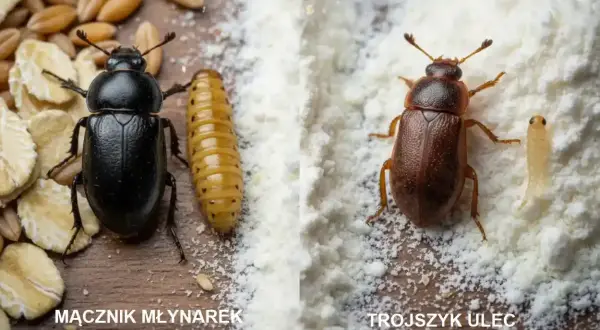 Czarny chrząszcz i jego larwa, mącznik młynarek, obok płatków owsianych. Po prawej stronie brązowy chrząszcz i jego larwa w mące.
