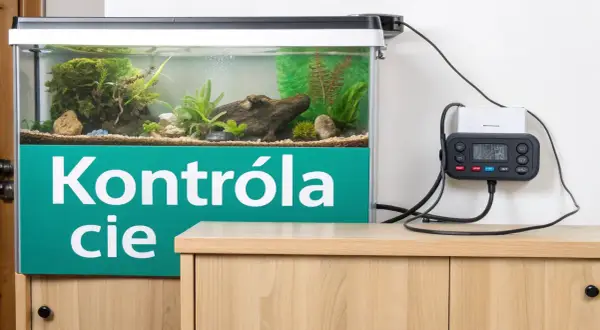 Elektroniczny kontroler monitoruje jaka temperatura w akwarium, zapewniając optymalne warunki dla ryb i roślin.
