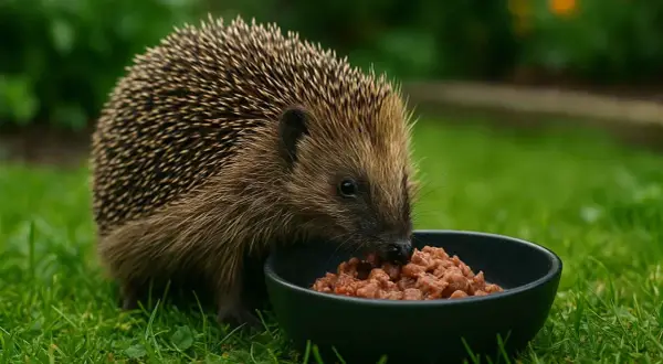 Jeż zajada mokrą karmę z miseczki. Dowiedz się, czym karmić jeża, aby był zdrowy i szczęśliwy.