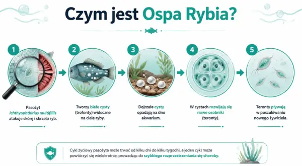 Cykl rozwojowy pasożyta powodującego ospę u ryb akwariowych: od ataku na skórę, przez tworzenie cyst, po uwolnienie nowych terontów szukających żywiciela.
