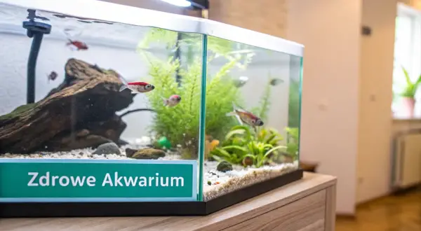 Małe rybki pływają w akwarium z zielonymi roślinami. Na froncie akwarium napis "Zdrowe Akwarium", sugerujący brak szkodliwej chloraminy.