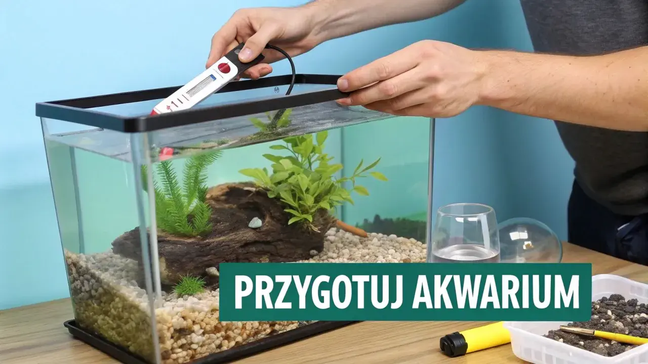 Przygotowanie akwarium: wybór odpowiedniego podłoża, umieszczenie grzałki i dekoracji.