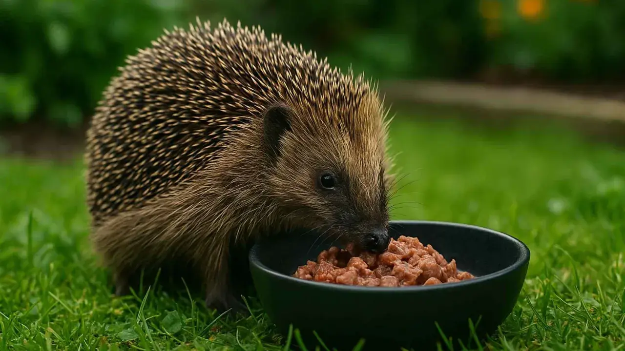 Jeż zajada mokrą karmę z miseczki. Dowiedz się, czym karmić jeża, aby był zdrowy i szczęśliwy.