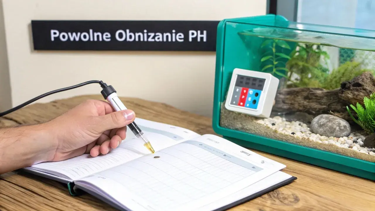 Ręka trzymająca strzykawkę nad otwartym notatnikiem, obok akwarium z zielonymi roślinami i cyfrowym wyświetlaczem. To pokazuje, jak obniżyć pH wody w akwarium.