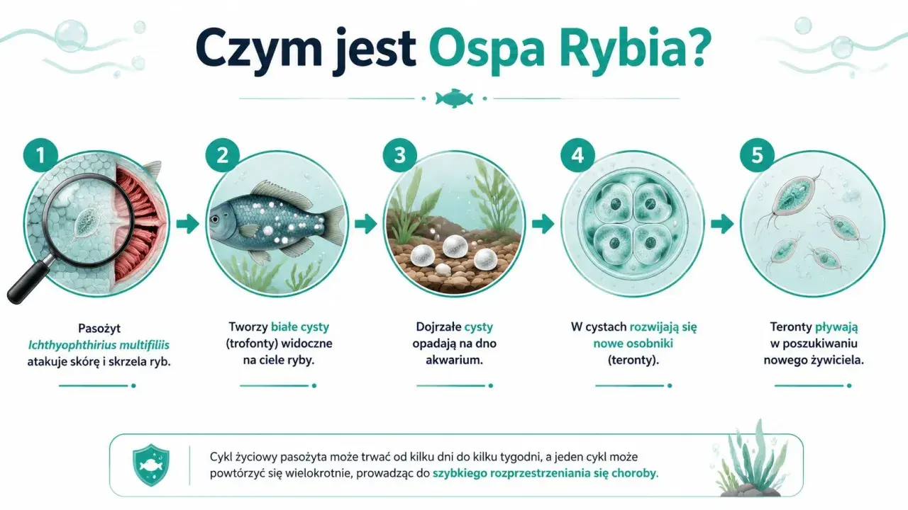 Cykl rozwojowy pasożyta powodującego ospę u ryb akwariowych: od ataku na skórę, przez tworzenie cyst, po uwolnienie nowych terontów szukających żywiciela.