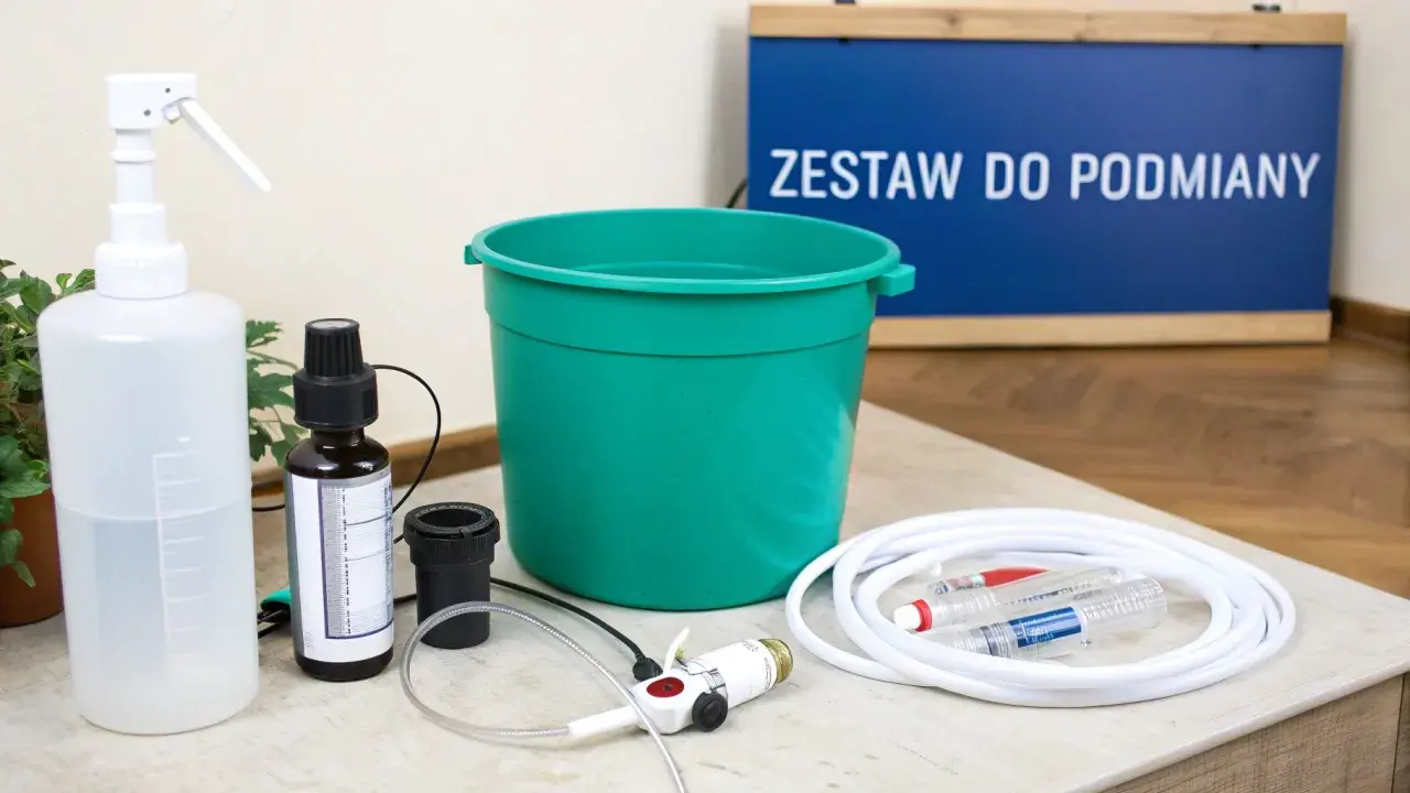 Zestaw do podmiany wody w akwarium: butelka z atomizerem, pojemnik, wężyk, strzykawki i buteleczka z płynem, prawdopodobnie antychlor.