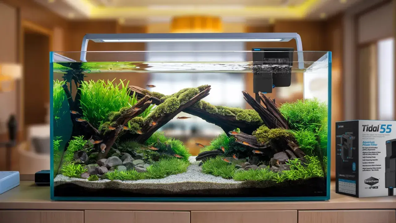 Piękne akwarium roślinne z małymi rybkami, idealne do obserwacji cyklu azotowego. Obok pudełko filtra Tidal 55.