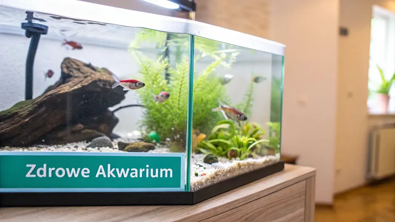 Małe rybki pływają w akwarium z zielonymi roślinami. Na froncie akwarium napis "Zdrowe Akwarium", sugerujący brak szkodliwej chloraminy.