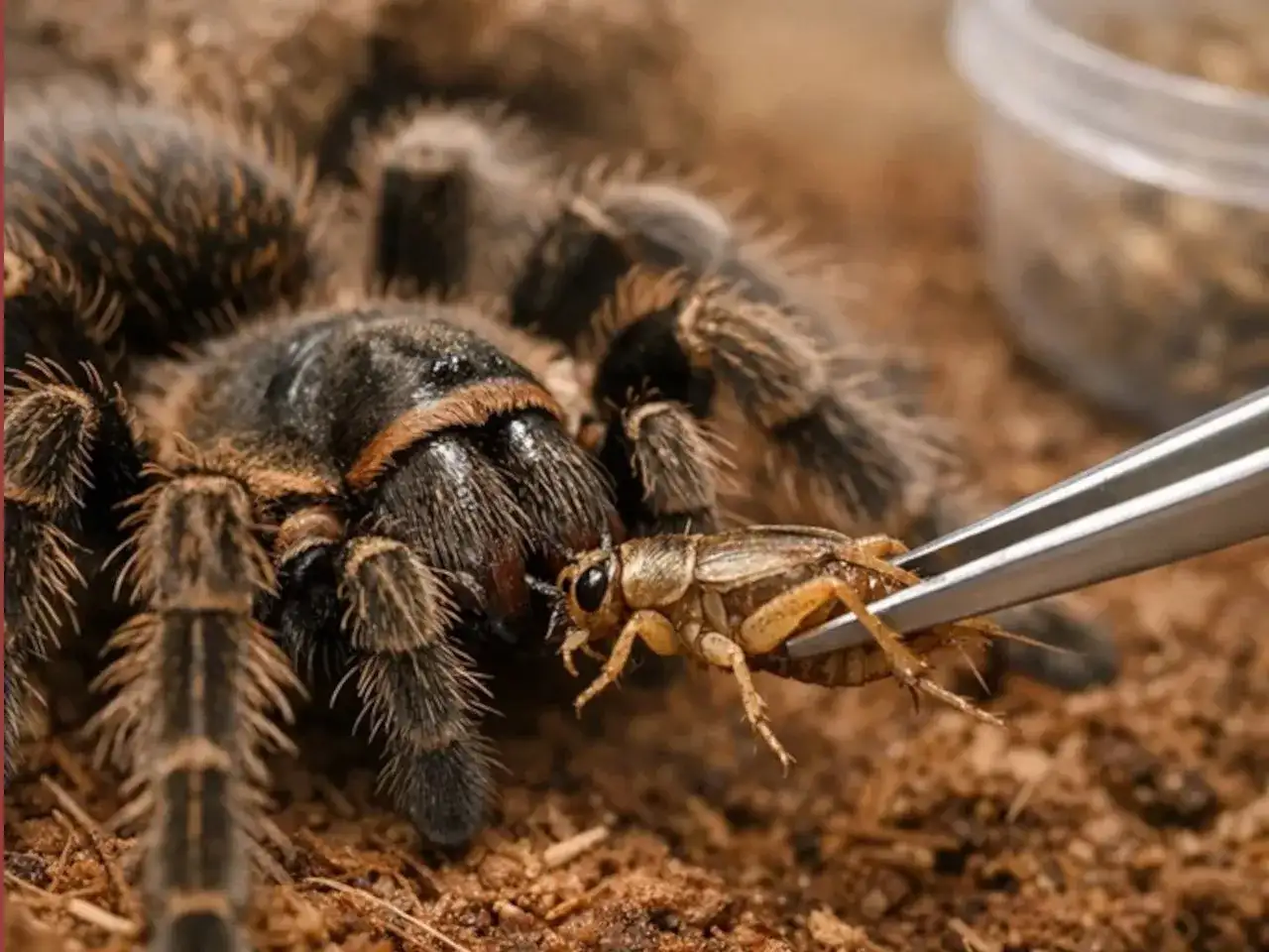 Pająk tarantula przygotowuje się do zjedzenia świerszcza, pokazując, co jedzą pająki domowe.