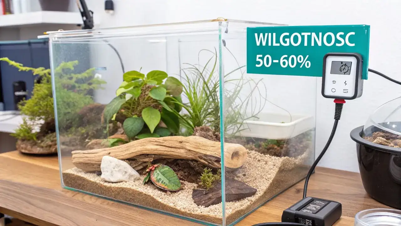 Wąż zbożowy dorosły w terrarium z roślinami i drewnem. Termometr pokazuje wilgotność 50-60%.