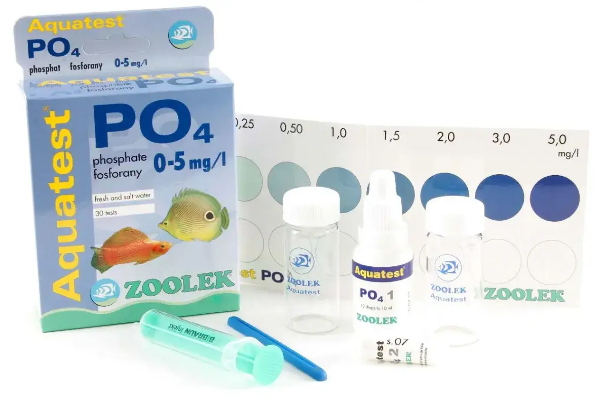 Zestaw Aquatest PO4 do badania fosforanów w akwarium. Kolorowa skala porównawcza pomoże ocenić poziom po4.