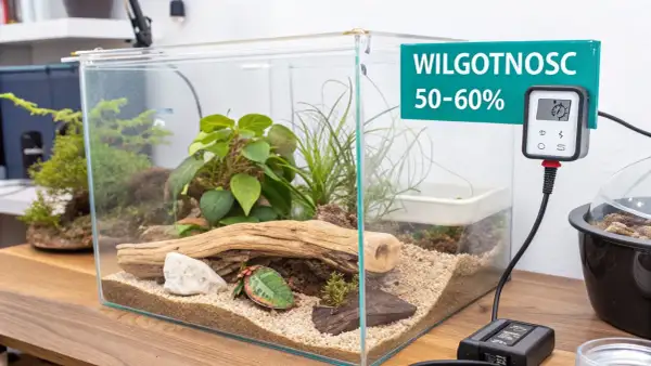 Szklane terrarium z roślinnością i drewnem, idealne dla **węża zbożowego dorosłego**. Termometr wskazuje wilgotność 50-60%.