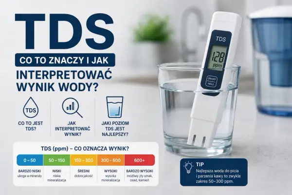 Miernik TDS w szklance wody pokazuje 128 ppm. Infografika wyjaśnia, co oznacza TDS i jak interpretować wyniki dla wody.