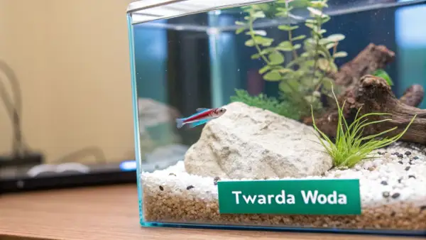 Mały neon pływa w akwarium z kamieniem i roślinami. Etykieta "Twarda Woda" sugeruje badanie mineralizacji wody.