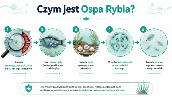 Cykl rozwojowy pasożyta powodującego ospę u ryb akwariowych: od ataku na skórę, przez tworzenie cyst, po uwolnienie nowych terontów szukających żywiciela.