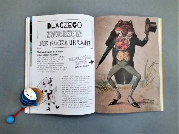 Ilustracja z książki o ichtiologii: żaba we fraku z bukietem kwiatów i kapeluszem. Obok tekst o futrze zwierząt.